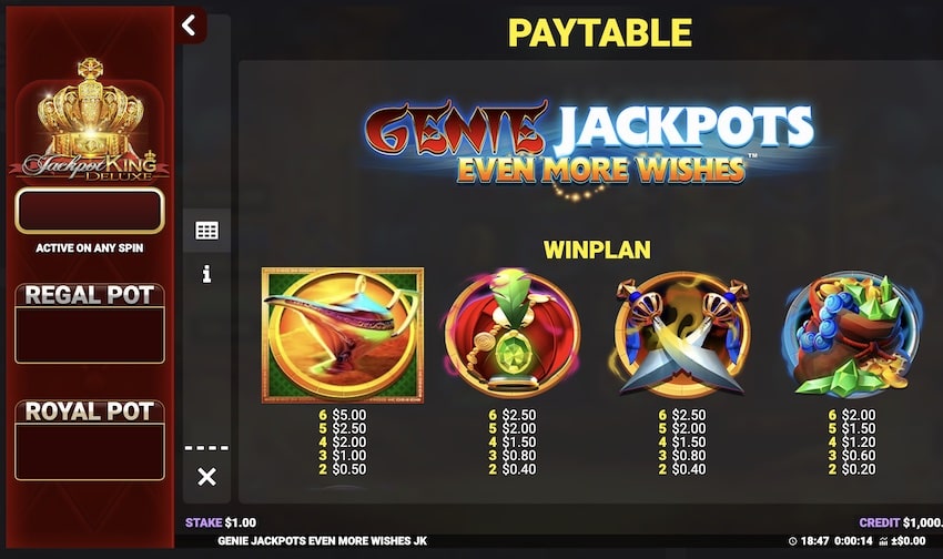 Genie Jackpots Even More Wishes Paytable