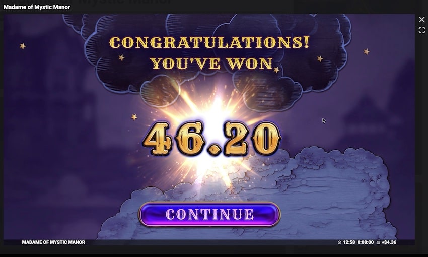 A nice win from free spins in Madame of Mystic Manor 