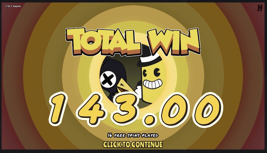 A 143x win from a free spins round in Keep Em