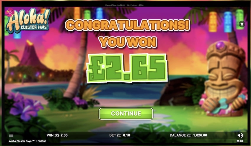 Free spins win in Aloha! Cluster Pays