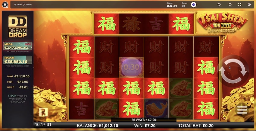 A 36x win in Tsai Shen 10k Ways Dream Drop