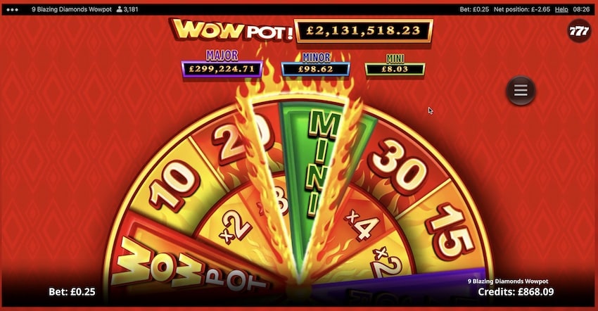 Spinning The Wheel in 9 Blazing Diamonds WowPot