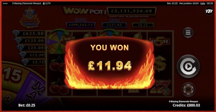 Free Spins round win in 9 Blazing Diamonds