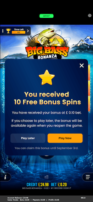 10 free spins on Big Bass Bonanza at Swift Casino