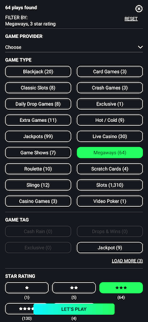 The game filter system at Swift Casino