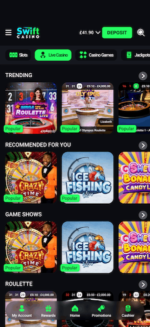The live section at Swift Casino