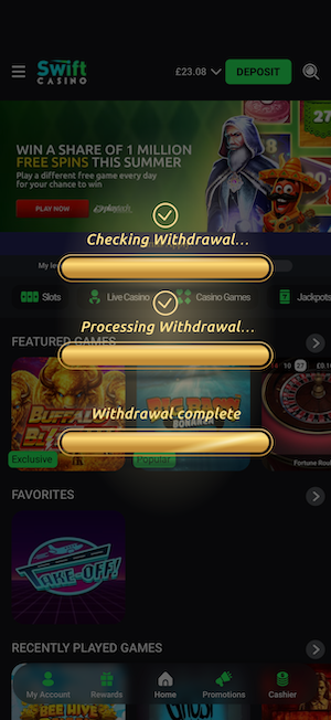 Swift Casino withdrawal screen