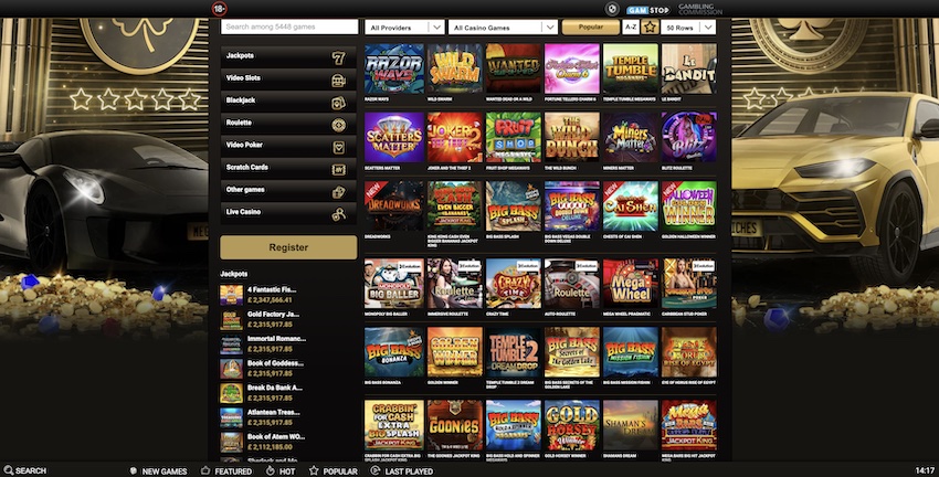 Game Menu at Mega Riches Casino