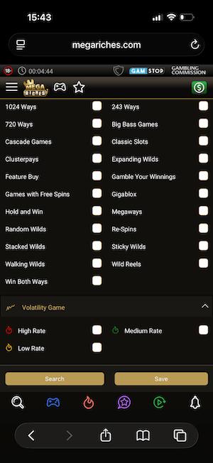 The game menu at Mega Riches