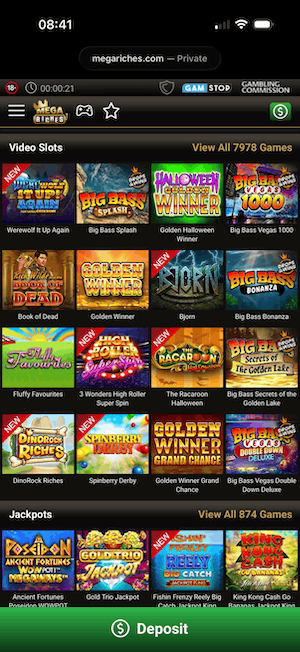 Searching slots on mobile at Mega Riches