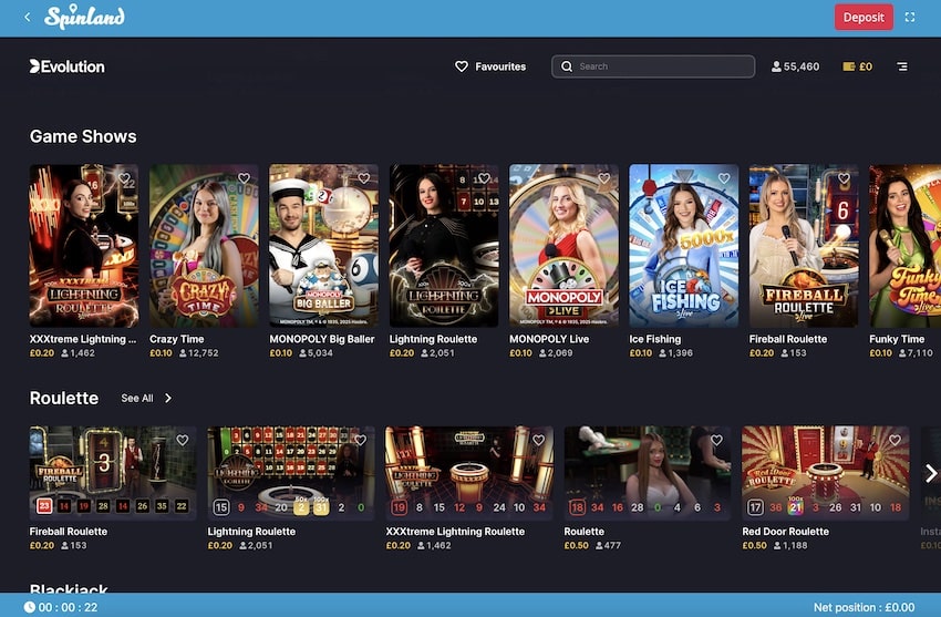 Live Casino lobby at Spinland