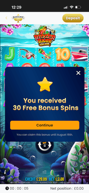 Free spins on Big Bass game at Blackjack City