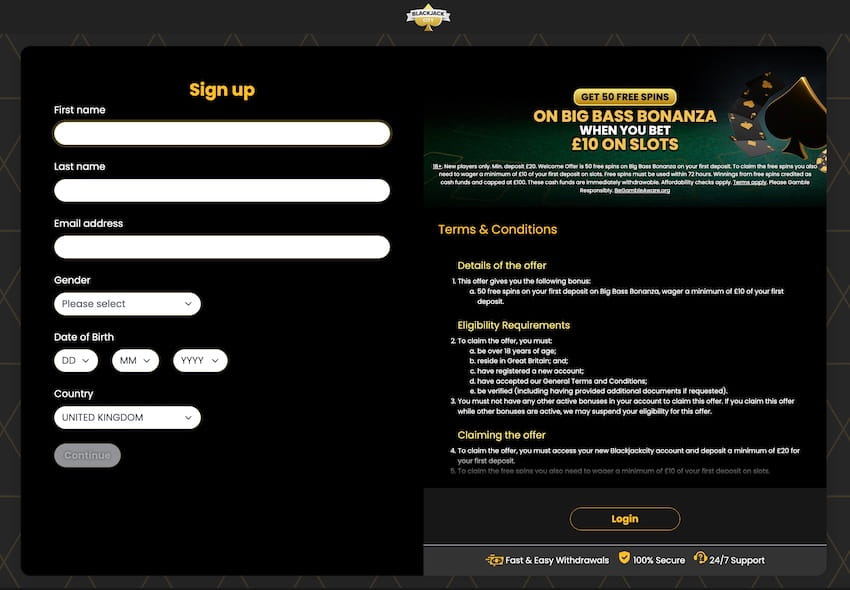 Blackjack City Sign Up Form