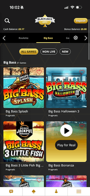 Big Bass games list at Blackjack City